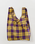 yellow tartan standard baggu reusable shopping bag holds up to 50lbs. can fit over shoulder. made from 40% recycled ripstop nylon
