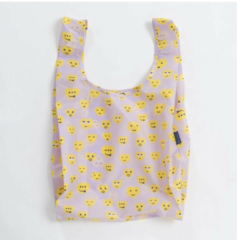 emoji standard baggu reusable shopping bag holds up to 50lbs. can fit over shoulder. made from 40% recycled ripstop nylon