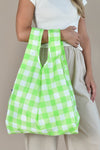 standard baggu big check lime reusable shopping bag holds up to 50lbs. made from 40% recycled ripstop nylon