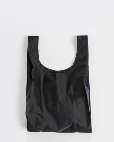 standard baggu black reusable shopping bag holds up to 50lbs. can fit over shoulder. made from 40% recycled ripstock nylon