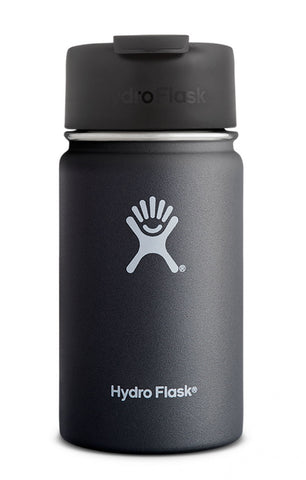 black 12 oz wide mouth hydro flask bottle keeps liquids cold for up to 24 hours and hot up to 6. bpa-free 