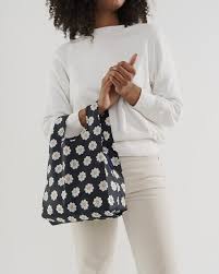baby baggu black daisy reusable shopping bag holds up to 50lbs. made from 40% recycled ripstop nylon