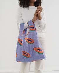 standard baggu blue papaya reusable shopping bag holds up to 50lbs. made from 40% recycled ripstop nylon