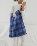 standard baggu blue tartan reusable shopping bag holds up to 50lbs. made from 40% recycled ripstop nylon