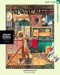 New York Puzzle Companys 1,000 piece jigsaw puzzle of the New Yorker cover christmas attic. Made in the USA