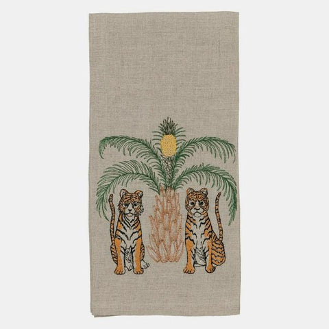 tigers with pineapple palm tree tea towel from coral & tusk with embroidery on 100% linen