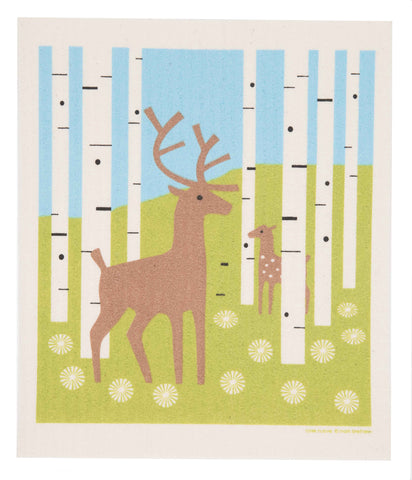 deer in forest swedish dishcloth: biodegradable & compostable dishcloth made of 70% cellulose/30% cotton & water-based inks