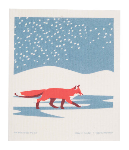 fox in the snow holiday swedish dishcloth:  biodegradable & compostable dishcloth made of 70% cellulose/30% cotton & water-based inks