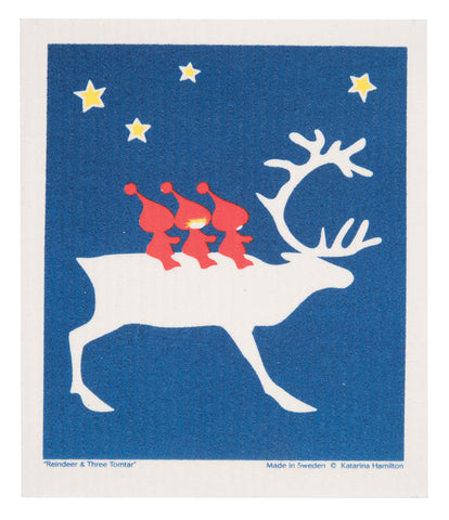 reindeer and tomte holiday swedish dishcloth:  biodegradable & compostable dishcloth made of 70% cellulose/30% cotton & water-based inks