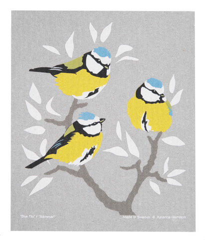 kh blue cap birds swedish dishcloth:  biodegradable & compostable dishcloth made of 70% cellulose/30% cotton & water-based inks