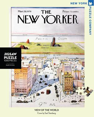 New York Puzzle Companys 1000 piece jigsaw puzzle of the New Yorker cover view of the world. Made in the USA