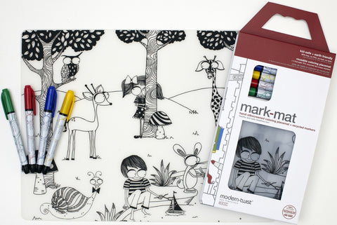 modern-twist mark-mat set: day at the pond + 3 markers is a plastic-free non toxic silicone washable place mat and markers