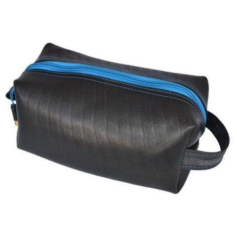 alchemy goods electric blue elliott dopp kit, the toiletry bag with a reclaimed inner tube exterior. water resistant. made USA