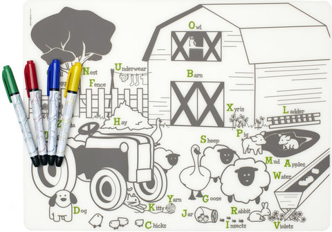 modern twist farm buddies mark-mat set is a plastic-free non toxic silicone place washable mat and markers