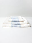 flax line organics, blue-ivory, bath towel. 50% organic cotton.