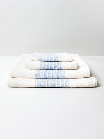 flax line organics, blue-ivory, bath towel. 50% organic cotton.
