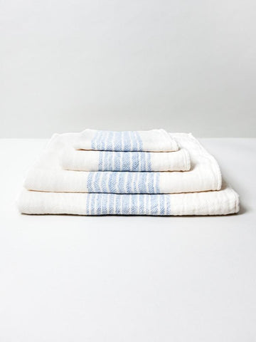 flax line organics, blue-ivory, bath towel. 50% organic cotton.