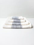 flax line organics, navy-ivory, bath towel. 50% organic cotton.