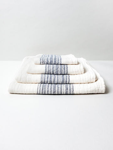 flax line organics, navy-ivory, bath towel. 50% organic cotton.