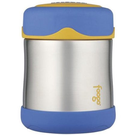 thermos foogo stainless steel food jar 10oz blue-yellow keeps food warm (5 hours) and cold (9 hours). bpa free