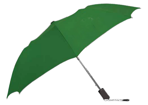 open recycled umbrella made from recycled PET #1 plastic bottles. compact with a steel wind resistant frame