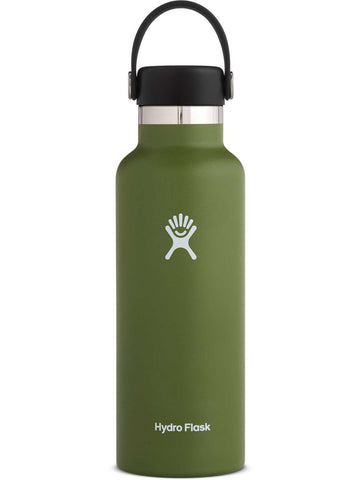 olive 18 oz standard mouth hydro flask bottle keeps liquids cold for up to 24 hours and hot up to 6. bpa-free 