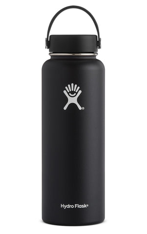 black 40 oz wide mouth hydro flask bottle keeps liquids cold for up to 24 hours and hot up to 6. bpa-free 