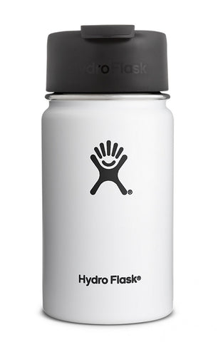 white 12 oz wide mouth hydro flask bottle keeps liquids cold for up to 24 hours and hot up to 6. bpa-free 
