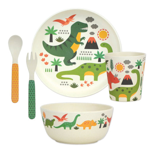 petit collage dinosaur 5-piece bamboo dinnerware set (plate, bowl, cup, spoon, fork). BPA-free, PVC-free, and phthalate-free