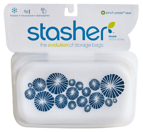 stasher reusable silicone snack bags, indigo spokes