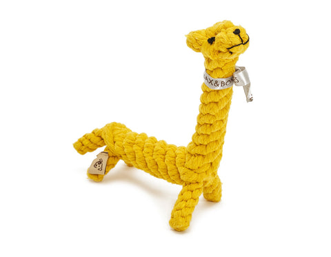 jax & bones jerry the giraffe large 11" rope toy is hand tied and dyed using non-toxic vegetable dyes. machine washable