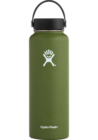 olive 40 oz wide mouth hydro flask bottle keeps liquids cold for up to 24 hours and hot up to 6. bpa-free 