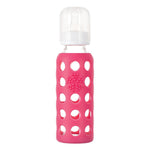 lifefactory 9 oz raspberry glass baby bottle made of borosilicate glass & a medical grade silicon sleeve. bpa & bps free