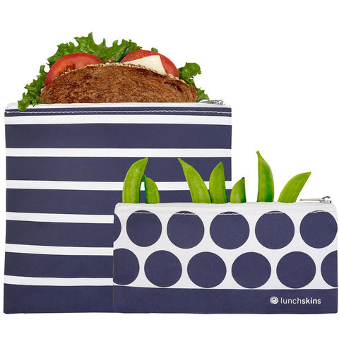 lunchskins reusable zippered sandwich bag + snack bag 2-pack bundle navy stripe