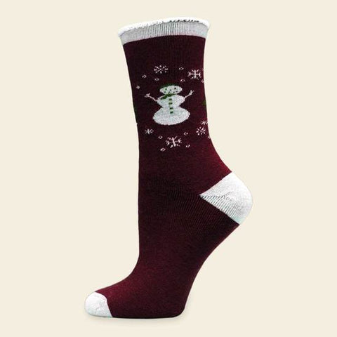 maggie's organic wool snuggle socks burgundy snowman large (sock size 10-13)