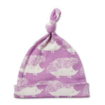 milkbarn organic cotton knotted hat, purple hedgehog
