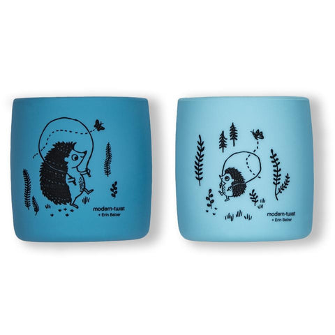 modern-twist hedgehog family - cornflower sip set comes with two cups. 100% pure food-grade silicone