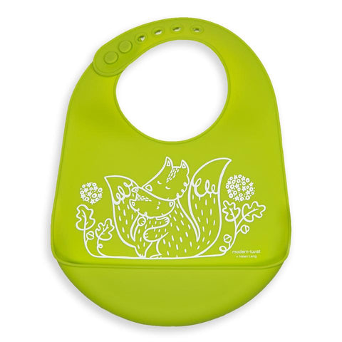modern-twist bucket bib lime green foxes is a plastic-free baby bib made of 100% pure food-grade silicone