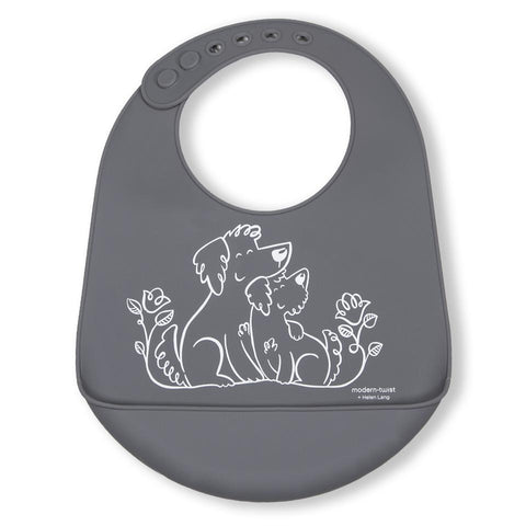 modern-twist bucket bib fuzzy gray puppy lover is a plastic-free baby bib made of 100% pure food-grade silicone