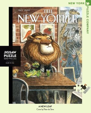 New York Puzzle Companys 500 piece jigsaw puzzle of the New Yorker cover new leaf. Made in the USA