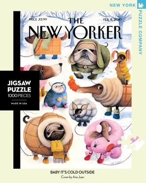 new york puzzle companys 1000 piece jigsaw puzzle of the new yorker cover baby it's cold outside. made in the usa