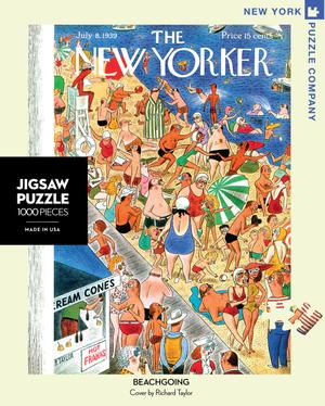 New York Puzzle Companys 1,000 piece jigsaw puzzle of the New Yorker cover beachgoing. Made in the USA