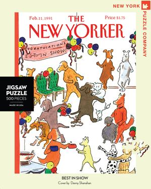 New York Puzzle Companys 500 piece jigsaw puzzle of the New Yorker cover best in show. Made in the USA