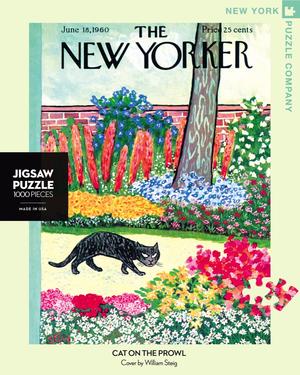 New York Puzzle Companys 1000 piece jigsaw puzzle of the New Yorker cover cat on the prowl. Made in the USA