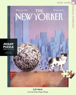 New York Puzzle Companys 500 piece jigsaw puzzle of the New Yorker cover cat walk. Made in the USA