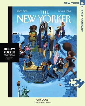 New York Puzzle Companys 1,000 piece jigsaw puzzle of the New Yorker cover city dogs. Made in the USA