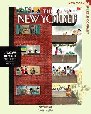 New York Puzzle Companys 1000 piece jigsaw puzzle of the New Yorker cover city living. Made in the USA