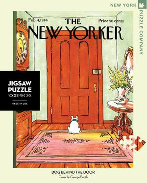 New York Puzzle Companys 1000 piece jigsaw puzzle of the New Yorker cover dog behind the door. Made in the USA