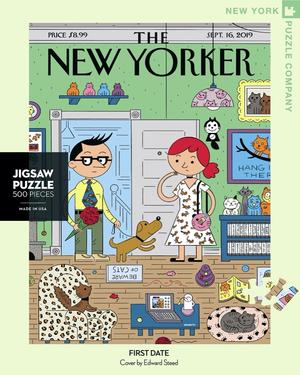 New York Puzzle Companys 500 piece jigsaw puzzle of the New Yorker cover first date. Made in the USA