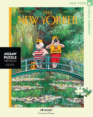 New York Puzzle Company's 750 piece jigsaw puzzle of the New Yorker cover j'aime monet. Made in the USA